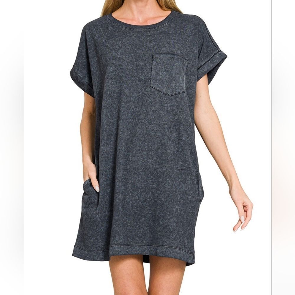 Zenana Premium Cotton Washed T-Shirt Dress Women's Casual Gray T-Shirt Dress Sma
